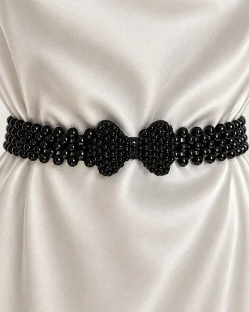 Curea elastica Heritage, cu perle si catarama funda, Black BOW