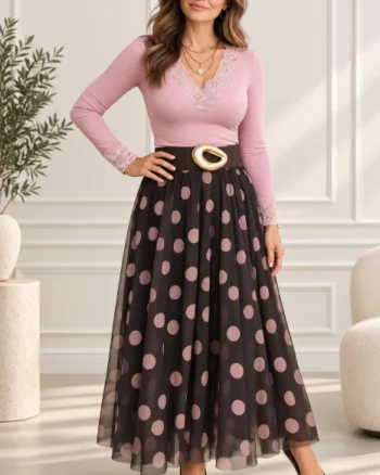 Fusta lunga din tulle cu buline decorative si captuseala, maro cu roz
