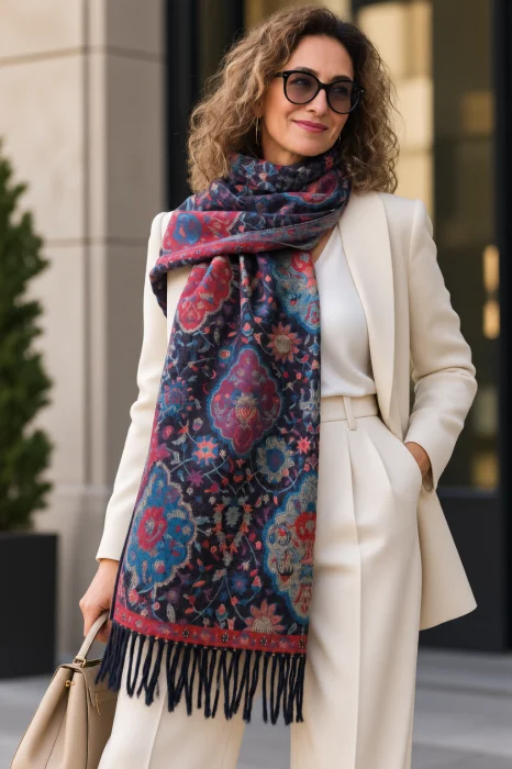 Esarfa premium din lana si vascoza cu imprimeu oriental floral cu turcoaz si rosu, pe fond bleumarin inchis