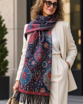Esarfa premium din lana si vascoza cu imprimeu oriental floral cu turcoaz si rosu, pe fond bleumarin inchis
