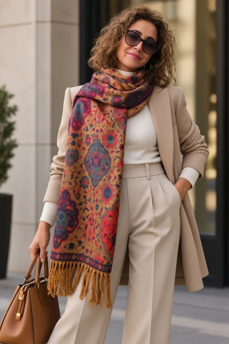 Esarfa premium din lana si vascoza cu imprimeu oriental floral cu rosu si verde, pe fond camel