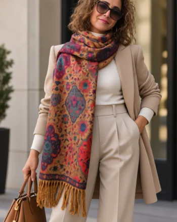 Esarfa premium din lana si vascoza cu imprimeu oriental floral cu rosu si verde, pe fond camel