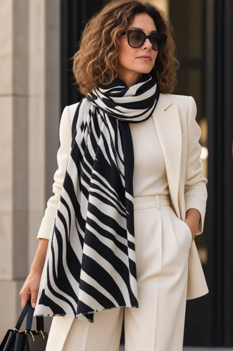 Esarfa tip sal fin imprimeu animal print cu negru si bej, dubla fata