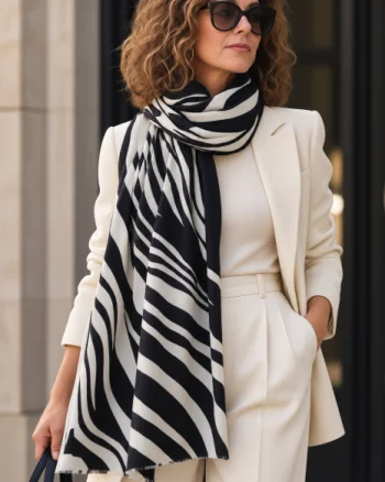 Esarfa tip sal fin imprimeu animal print cu negru si bej, dubla fata