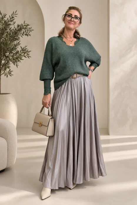 Pulover fin cu alpaca, oversize cu maneca fluture, verde prafuit