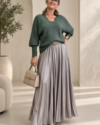 Pulover fin cu alpaca, oversize cu maneca fluture, verde prafuit