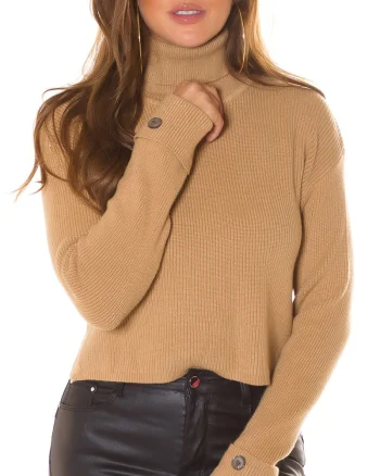 Pulover dama tricotat, crop, cappuccino, cu guler inalt Faylinn