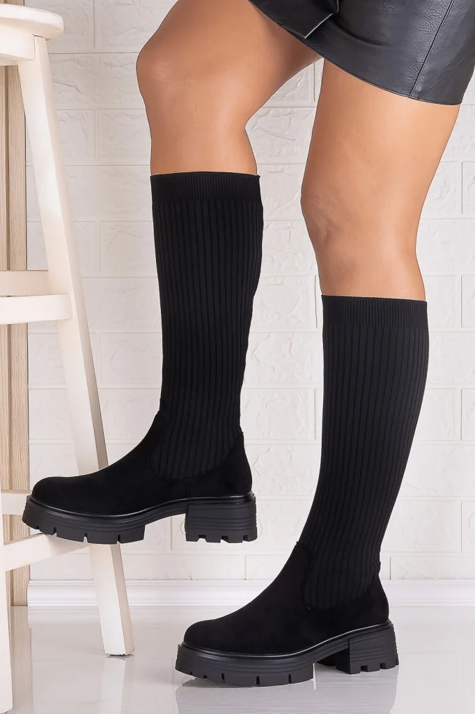 Cizme Dama Negre din Piele Ecol Intoarsa /Textil eladtic Temaria
