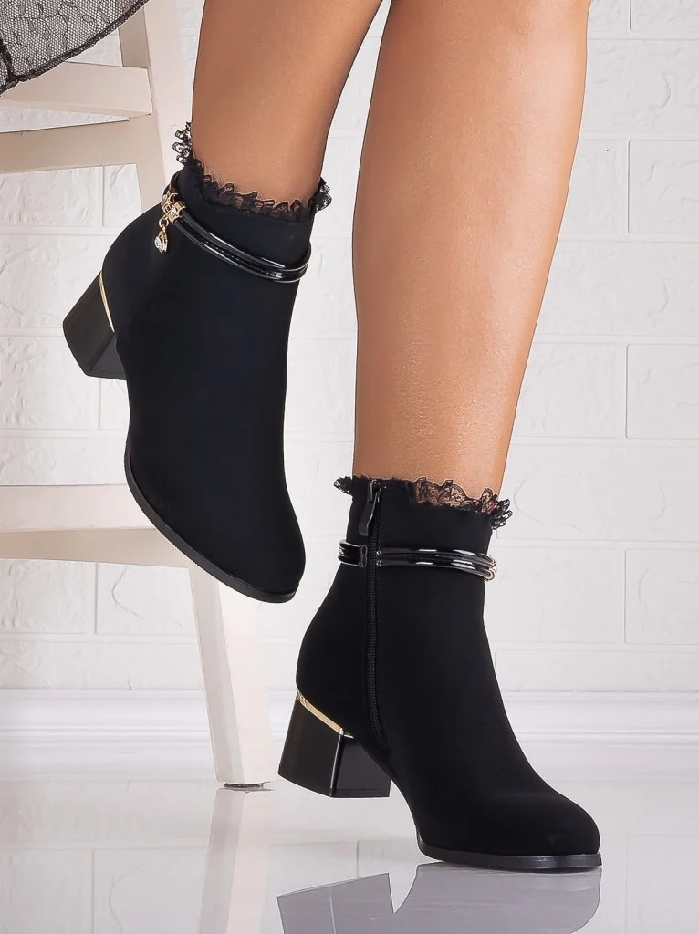 Botine Dama Imblanite cu toc Negre din Piele Ecologica Intoarsa Solea
