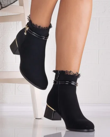 Botine Dama Imblanite cu toc Negre din Piele Ecologica Intoarsa Solea