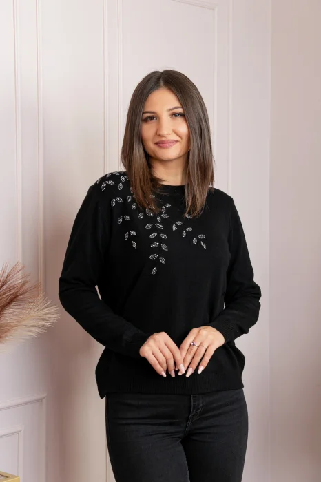 Pulover dama negru cu casmir si strasuri Thea