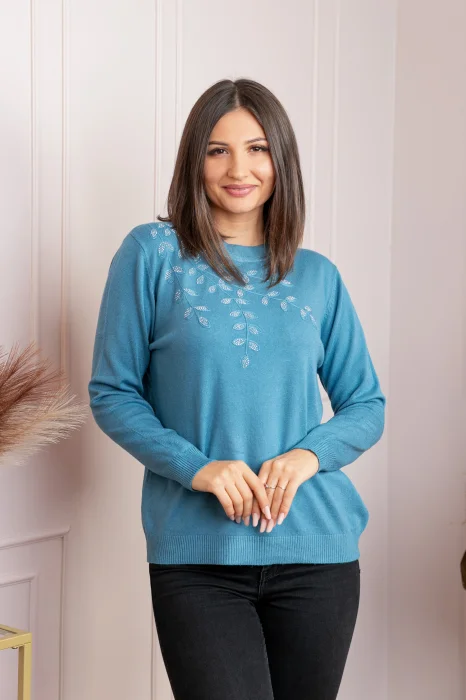 Pulover dama albastru cu casmir si strasuri Thea