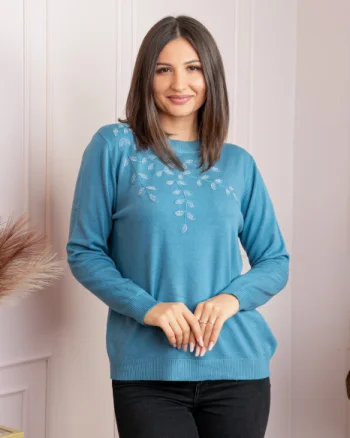 Pulover dama albastru cu casmir si strasuri Thea