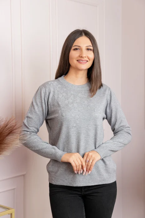 Pulover dama gri cu casmir si strasuri Thea