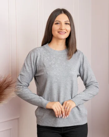 Pulover dama gri cu casmir si strasuri Thea