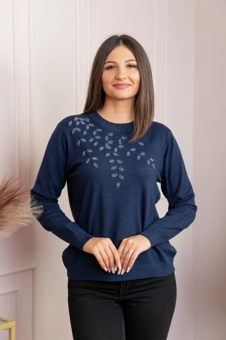 Pulover dama bleumarin cu casmir si strasuri Thea