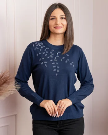 Pulover dama bleumarin cu casmir si strasuri Thea