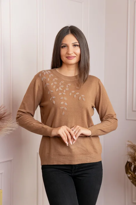 Pulover dama camel cu casmir si strasuri Thea