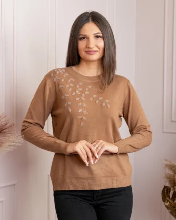 Pulover dama camel cu casmir si strasuri Thea