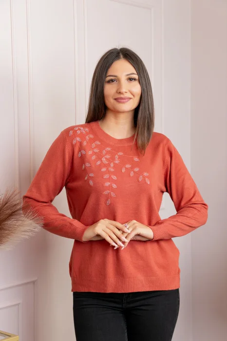 Pulover dama caramiziu cu casmir si strasuri Thea