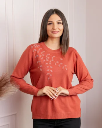 Pulover dama caramiziu cu casmir si strasuri Thea