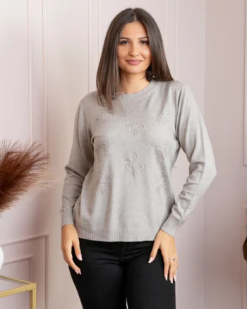 Pulover dama bej cu casmir si flori in relief Elia
