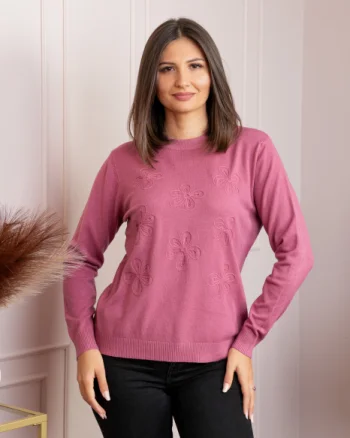 Pulover dama roz cu casmir si flori in relief Elia