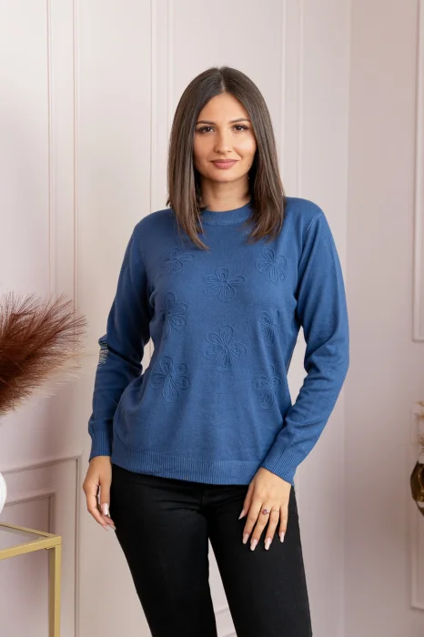 Pulover dama albastru cu casmir si flori in relief Elia