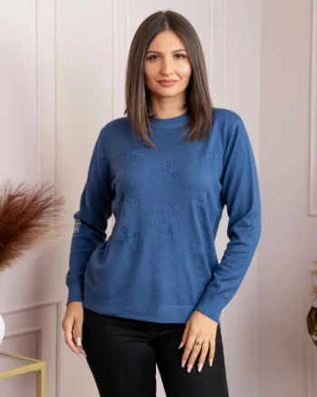 Pulover dama albastru cu casmir si flori in relief Elia