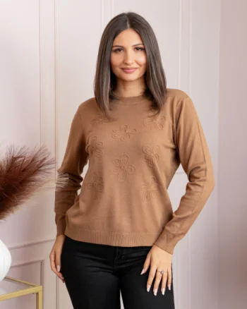 Pulover dama camel cu casmir si flori in relief Elia