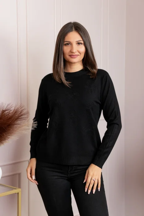 Pulover dama negru cu casmir si flori in relief Elia