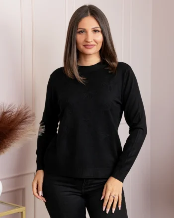 Pulover dama negru cu casmir si flori in relief Elia