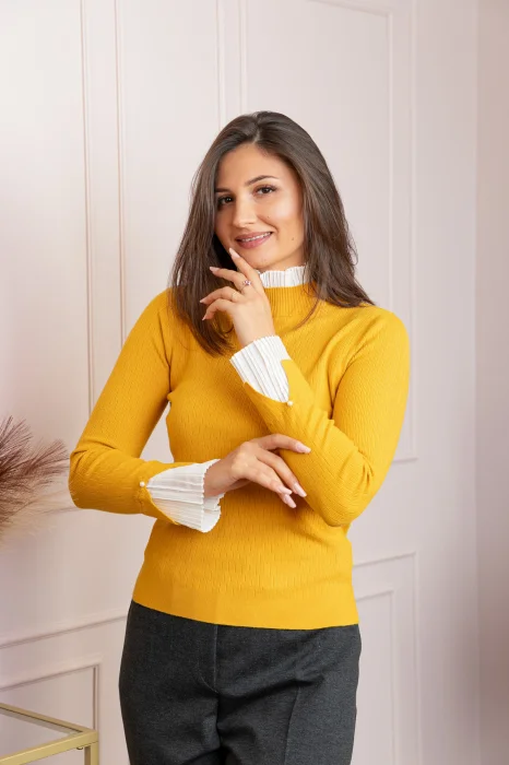 Pulover dama galben mustar cu casmir si guler inalt Heidi