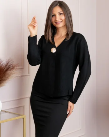 Cardigan dama negru cu brosa aurie Kendra