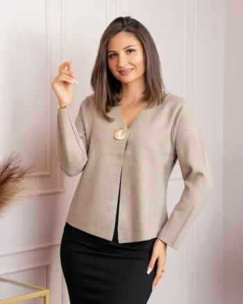 Cardigan dama bej cu brosa aurie Kendra