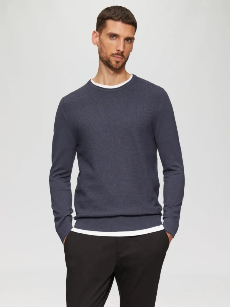 Pulover barbati cu decolteu la baza gatului, Regular fit, Bleumarin inchis (SELECTATI MARIMEA: XL)