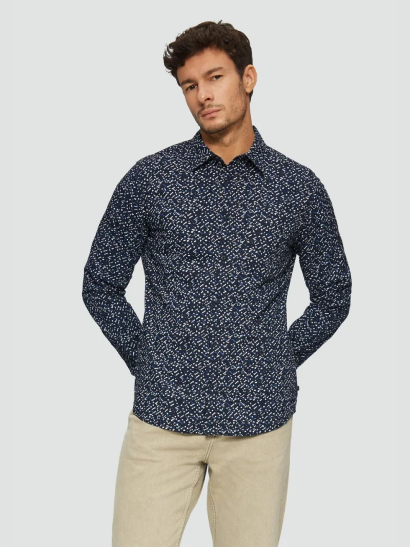 Camasa barbati cu maneca lunga, imprimeu cu picatele si croiala Slim fit, Bleumarin (SELECTATI MARIMEA: S)