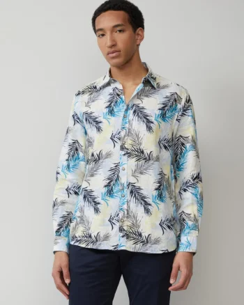 s.Oliver BLACK LABEL Camasa barbati din in cu imprimeu floral si croiala Regular Fit, Alb (SELECTATI MARIMEA: M)