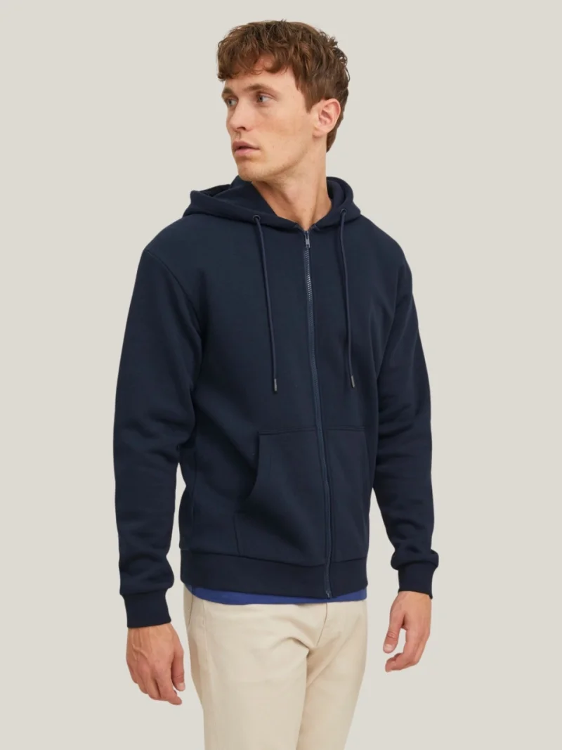 Jack & Jones Hanorac barbati, JJEBRADLEY, cu fermoar si gluga, Regular fit, Bleumarin inchis (SELECTATI MARIMEA: XS)