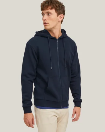 Jack & Jones Hanorac barbati, JJEBRADLEY, cu fermoar si gluga, Regular fit, Bleumarin inchis (SELECTATI MARIMEA: XS)