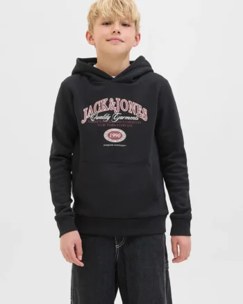 Jack & Jones Hanorac baieti cu imprimeu cu logo si buzunar tip marsupiu, Negru (SELECTATI MARIMEA: 152 cm)