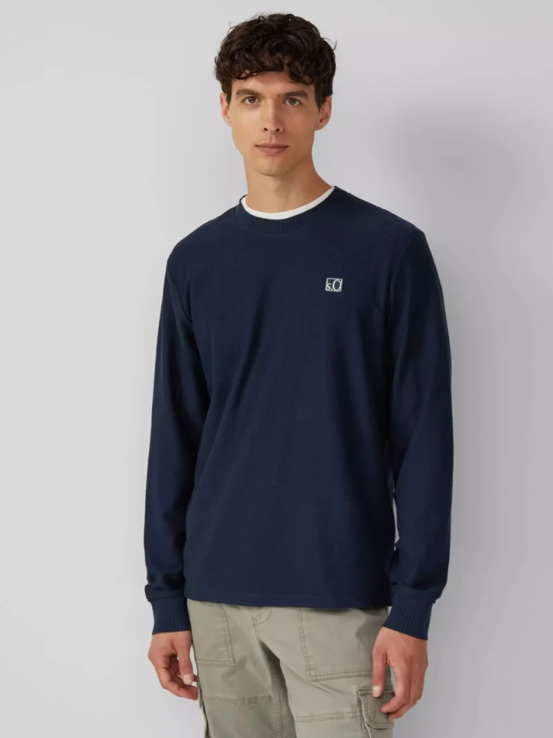 s.Oliver Bluza barbati cu textura striata, decolteu la baza gatului, Regular fit, Bleumarin inchis (SELECTATI MARIMEA: M)