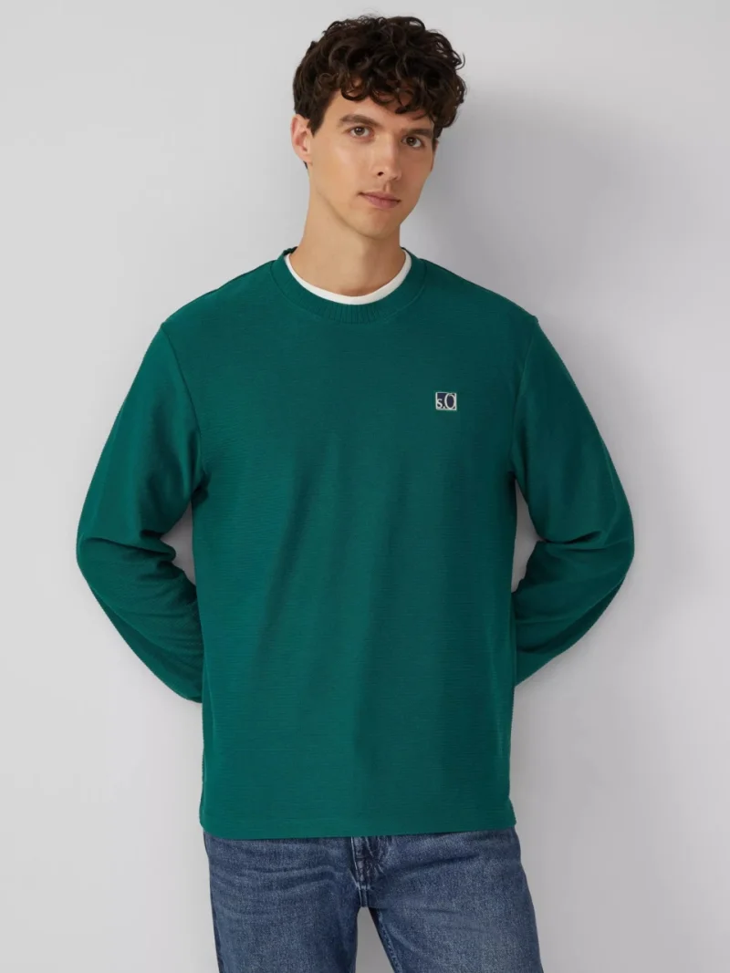 s.Oliver Bluza barbati cu textura striata, decolteu la baza gatului, Regular fit, Verde (SELECTATI MARIMEA: S)