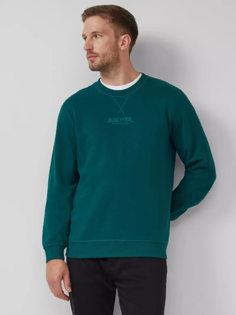 s.Oliver Bluza barbati cu decolteu la baza gatului, logo, Regular Fit, Verde (SELECTATI MARIMEA: S)