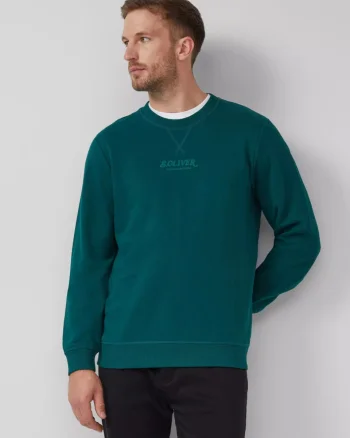 s.Oliver Bluza barbati cu decolteu la baza gatului, logo, Regular Fit, Verde (SELECTATI MARIMEA: S)