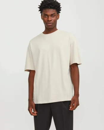 Jack & Jones, Tricou simplu, Bradley, barbati, din bumbac, Relaxed fit, Bej (SELECTATI MARIMEA: XS)