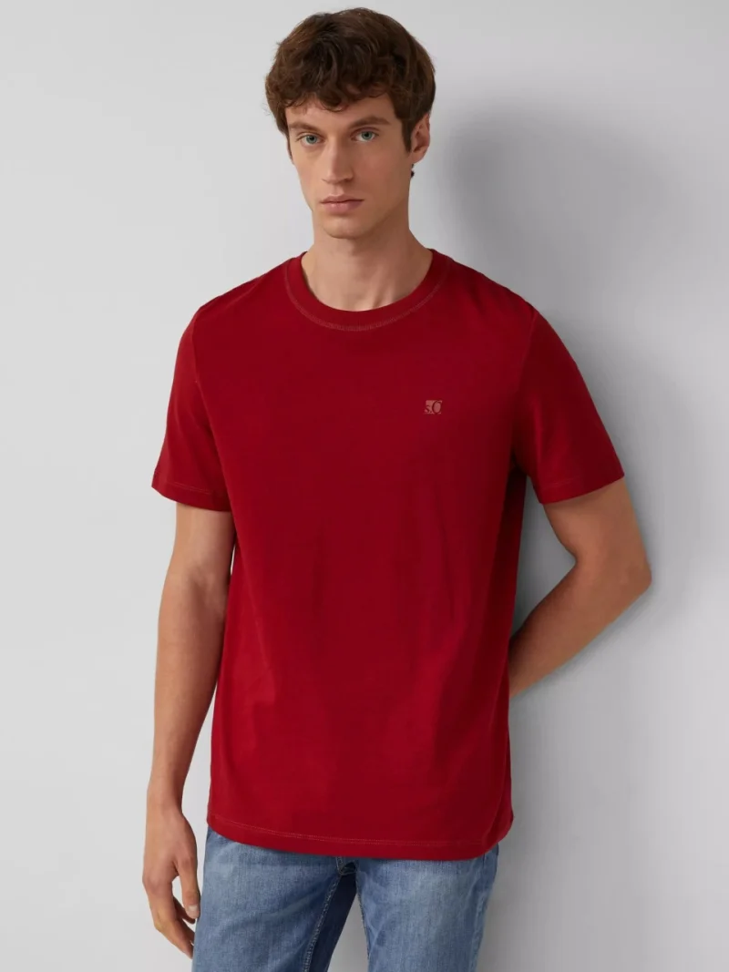 s.Oliver Tricou din jerseu gros, barbati, cu guler rotund si logo, Rosu inchis (SELECTATI MARIMEA: L)