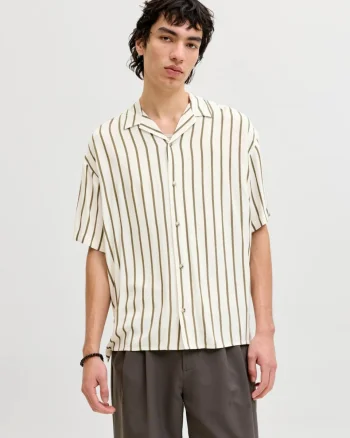Jack & Jones Camasa cu maneca scurta barbati, Regular Fit, cu imprimeu in dungi, Bej (SELECTATI MARIMEA: 2XL)