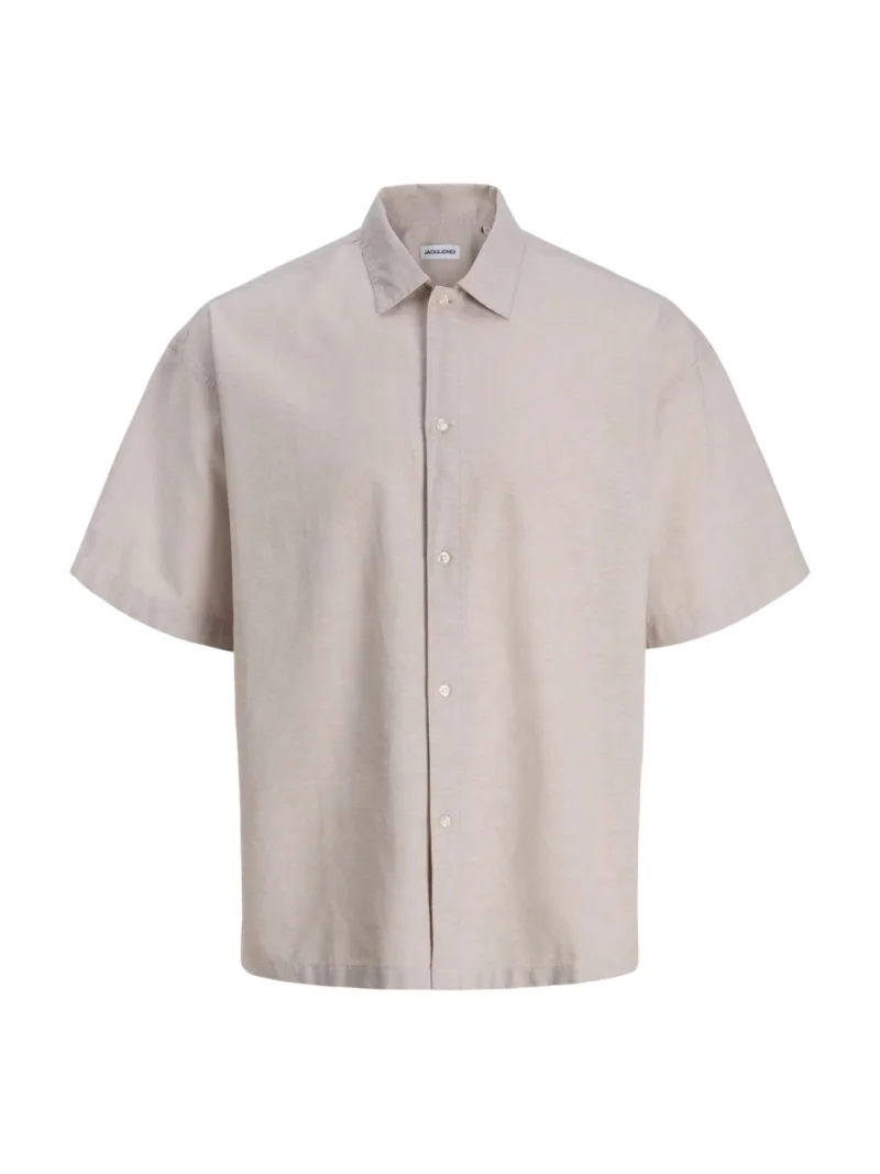 Jack & Jones Camasa oversize cu maneca scurta barbati, din amestec de in, Bej (SELECTATI MARIMEA: L)