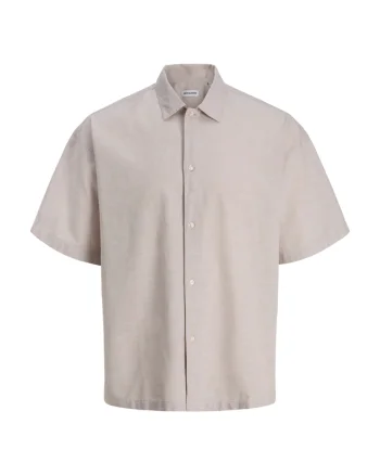 Jack & Jones Camasa oversize cu maneca scurta barbati, din amestec de in, Bej (SELECTATI MARIMEA: L)